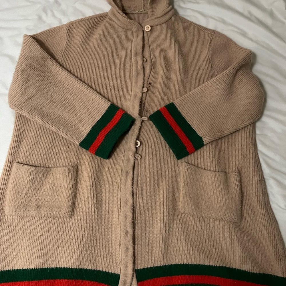 Beige Knit Hooded Cardigan with Green & Red Trim